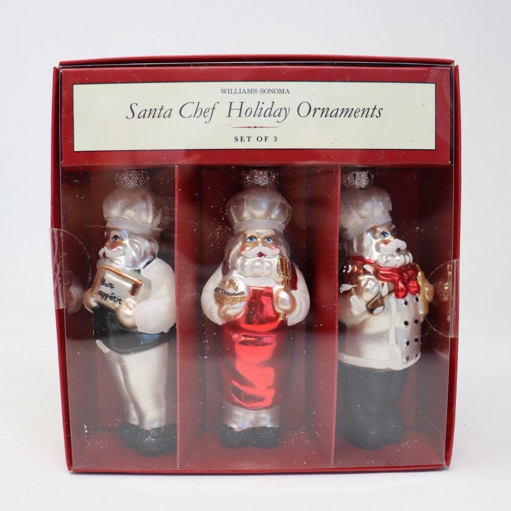 Williams Sonoma Holiday Christmas Ornament Santa Chef  Set, 3 Glass 2012, 4.5"